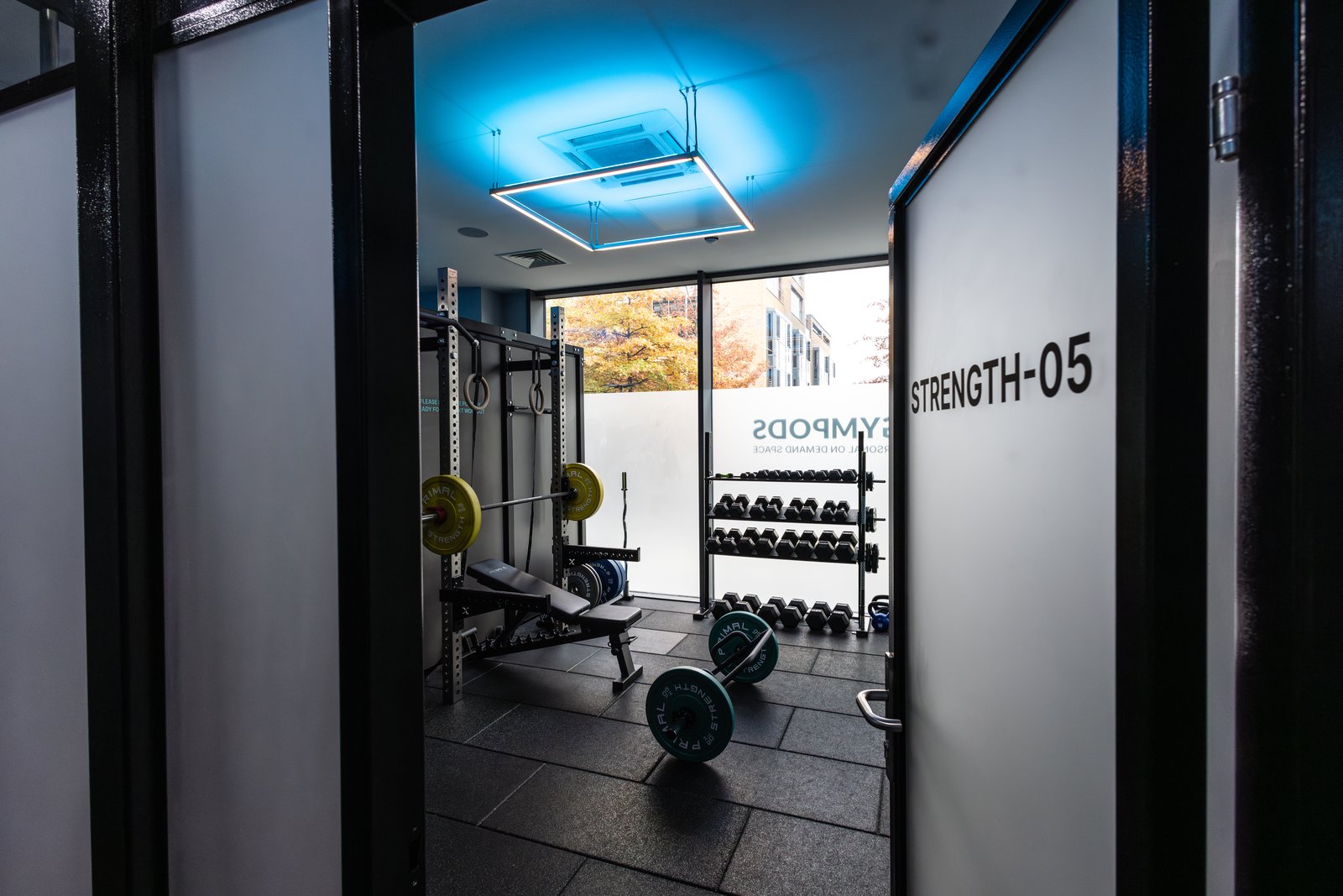 Private Strength POD at GYMPODS Dalston — half rack and free weights